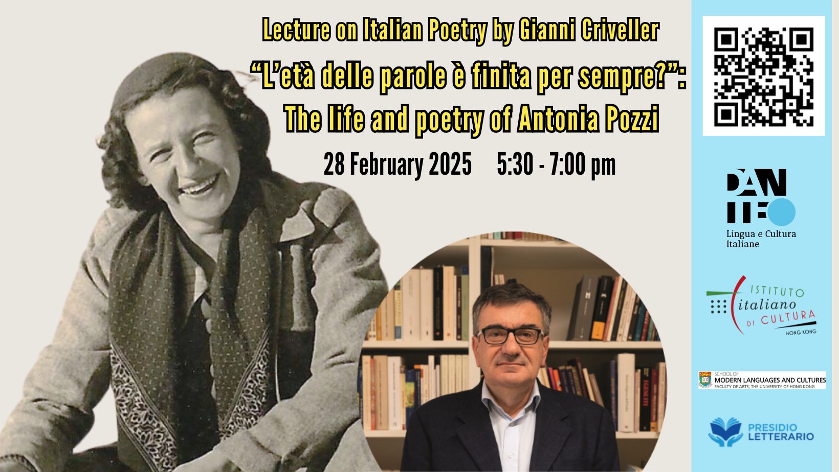 Lecture by Gianni Criveller – “L’età delle parole è finita per sempre”: The life and poetry of Antonia Pozzi – FREE EVENT